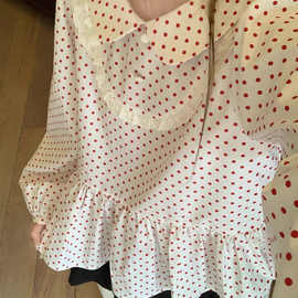 红色波点娃娃领新款双层花边日系可爱娃娃衫长袖衬衫上衣