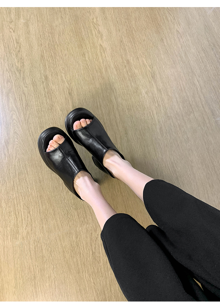 Dép sandal nữ quai chữ V da bò thật đế dày tăng chiều cao — màu đen, Trắng kem- chi tiết 15