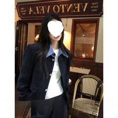 跨境小仙倪子韩系温柔小香风女秋季新排假两件外套显瘦气质衣藏蓝