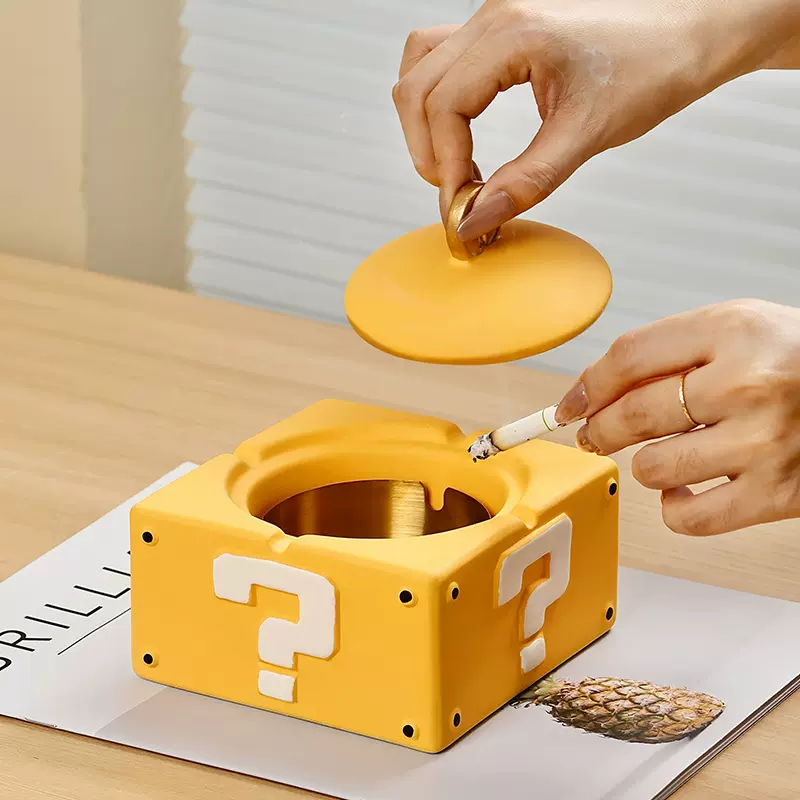 问号陶瓷烟灰缸带盖防飞灰客厅家用创意摆件办公室茶几高颜值烟缸