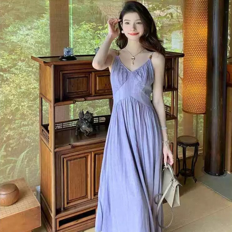 Dopamine Beautiful Purple Suspender Dress Women's Summer Pakistani Island Vacation Waist Beach Skirt