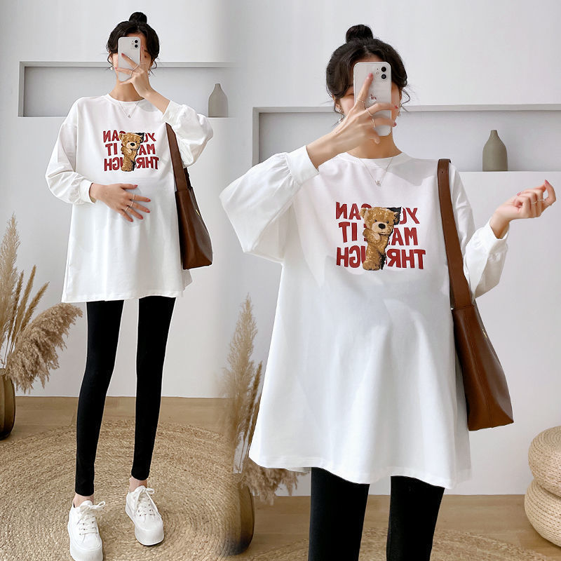 Pregnant women's long sleeve T-shirt women's cartoon printing autumn base shirt plus size loose round neck sweater thin Pregnant women's long sleeve T-shirt women's cartoon printing autumn base shirt plus size loose round neck sweater thin