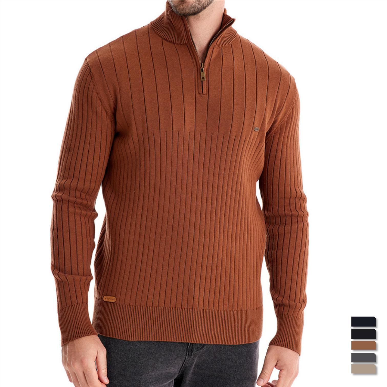 Stand up collar cotton casual half zipper solid color pullover high-quality men's knitted sweater_voghion.com