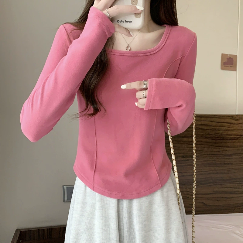 Женская футболка с длинными рукавами из чистого хлопка 2023, новая облегающая Базовая рубашка в западном стиле, приталенная Базовая рубашка с топом «Рыбьи Кости» в начале осени