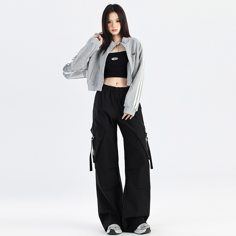 黑色多口袋工装裤女2025年秋季新款高腰宽松直筒松紧腰阔腿休闲裤|undefined