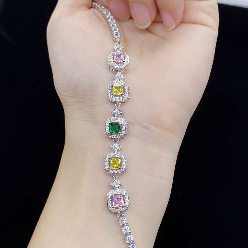 High-end Internet Celebrity Live Selling Simulation Color Tourmaline Princess Square Full Diamond Bracelet Female Temperament Bracelet s8239