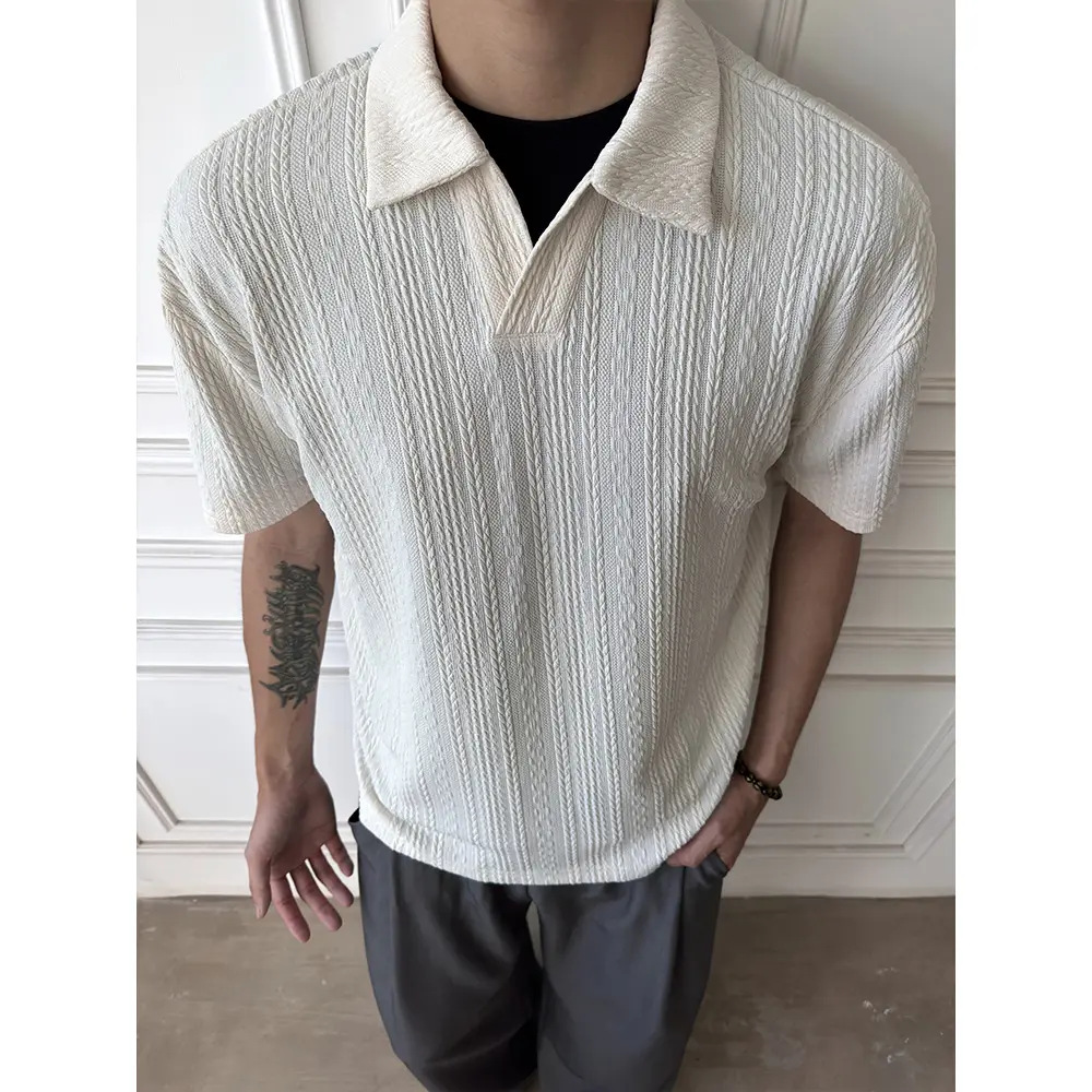 Camiseta Polo de cuello V de manga corta de hombre de cuello de gaviota con solapa de textura de negocios de Gran Bretaña camiseta de seda de hielo de verano comercio exterior transfronterizo al por mayor