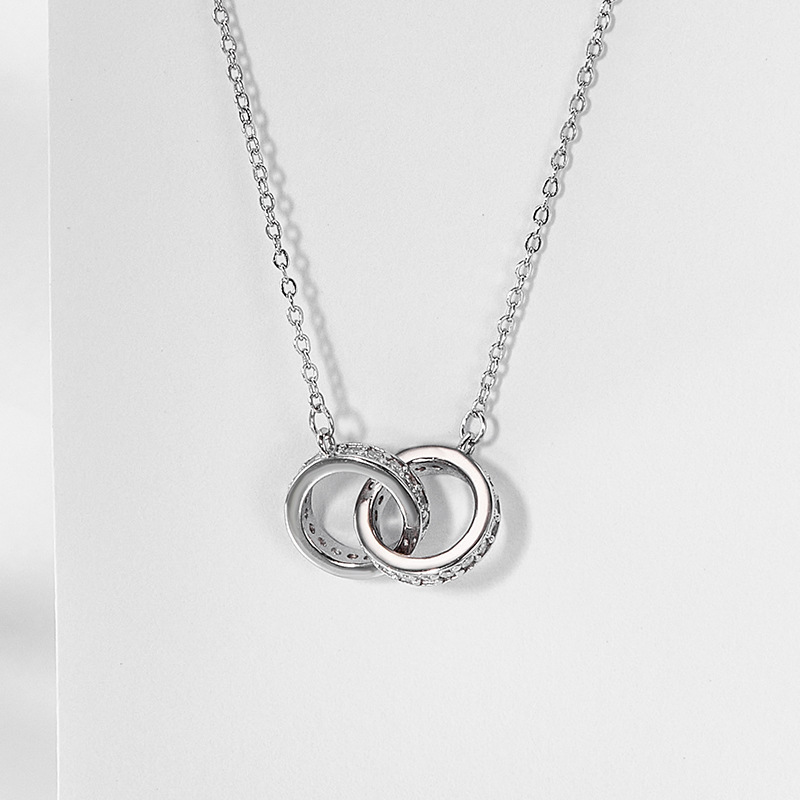 S925 plata esterlina doble anillo hebilla collar Mujer simple luz lujo nicho de alto grado diamante incrustado anillo colgante clavícula cadena