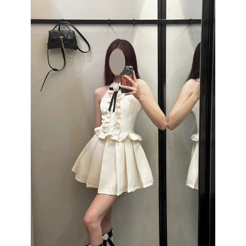 Летнее нишевое платье для женщин 2025 года с милым бантом, без рукавов, с рюшами на талии и плиссированной короткой юбкой