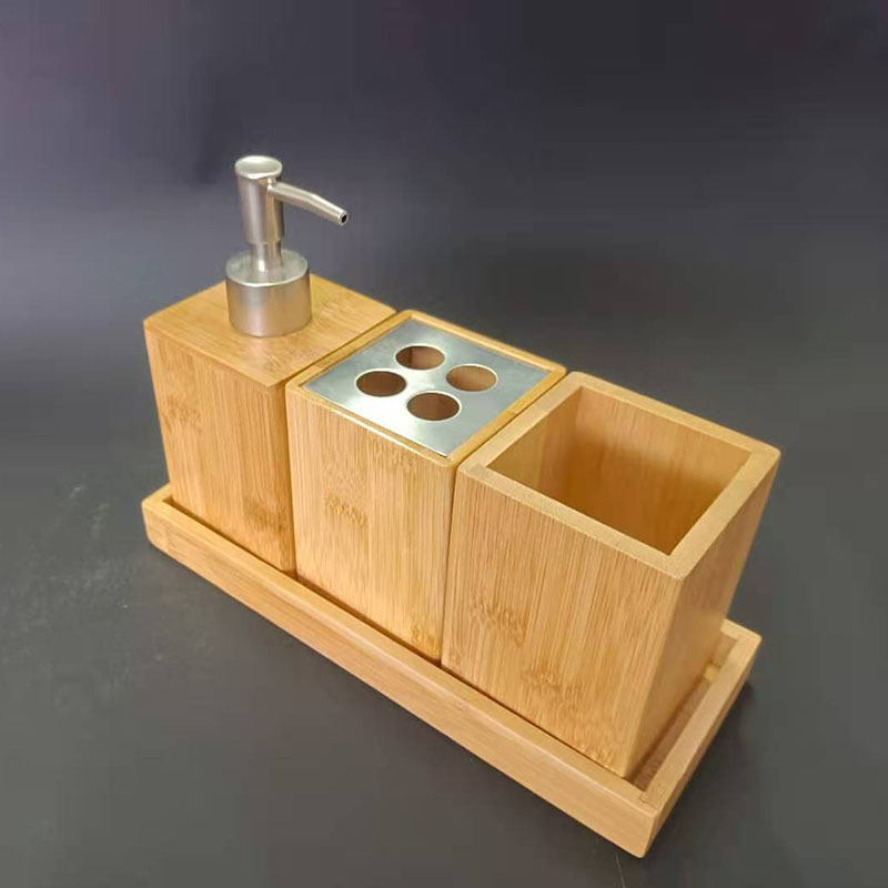 Venta al por mayor de fábrica de bambú traje de lavado cepillo de dientes enjuague bucal taza de tres piezas conjunto hogar Hotel lavado suministros de almacenamiento