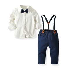 Boy's British Gentleman Dress Summer New Children Stylish Bow Tie Long Sleeve Shirt Belts Pants Stylish Suit