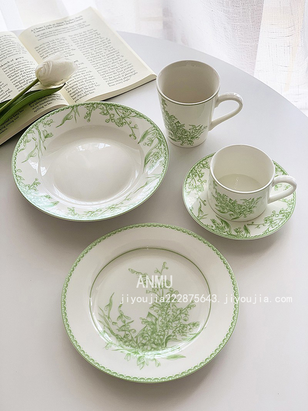 Anmu Liangpin Ins Light Luxury Pastoral Style Green Lily of the Valley Print Ceramic Tableware Mug Coffee Cup Western-Style Dinner Plate