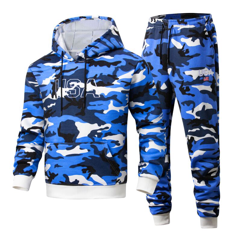 Cross-Border Aliexpress Pullover Camouflage Sweatshirt Tie-Dye Two-Piece Set Men's Hooded Fleece Jacket Men's Fleece-Lined Thickened Winter