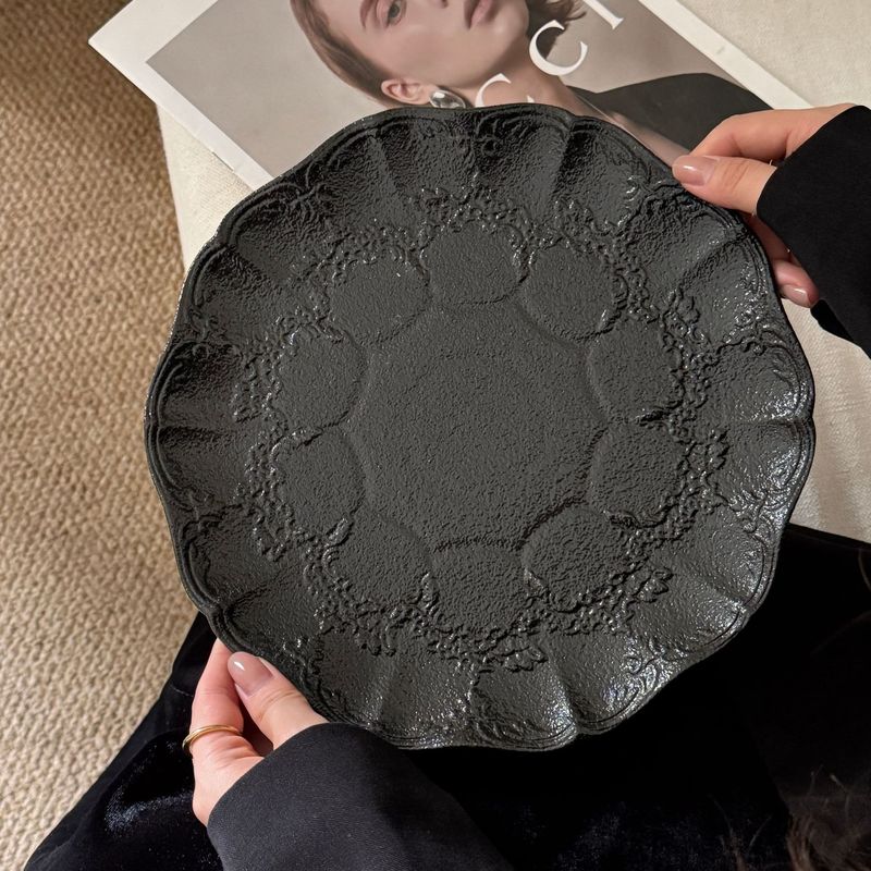 レトロフレンチマットブラックレリーフレースセラミックディナープレートボウルカップハイフットプレート中古重工業シリーズ|undefined