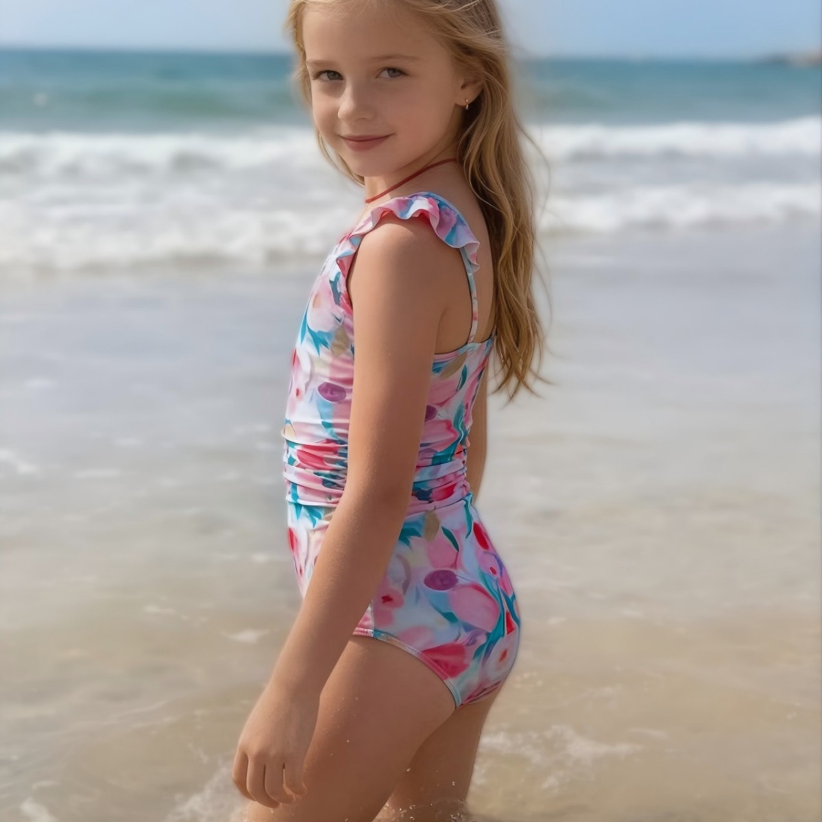 Novo estilo retrô, delicado, macacão de banho para o verão, com estampa de pintura a óleo e design plissado, para meninas de 3 a 7 anos._voghion.com