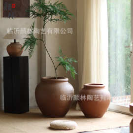 大肚圆坛陶罐复古落地陶器手工粗陶大罐子民宿装饰摆件侘寂风陶罐