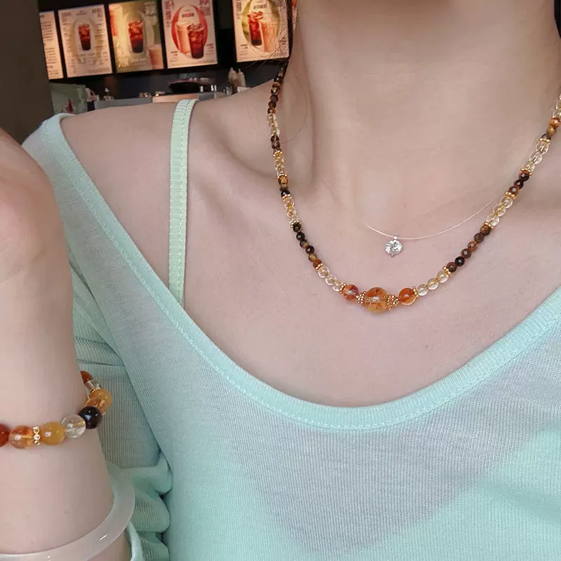 手作 天然黄水晶金霸项链女复古小众轻奢高级感气质锁骨链