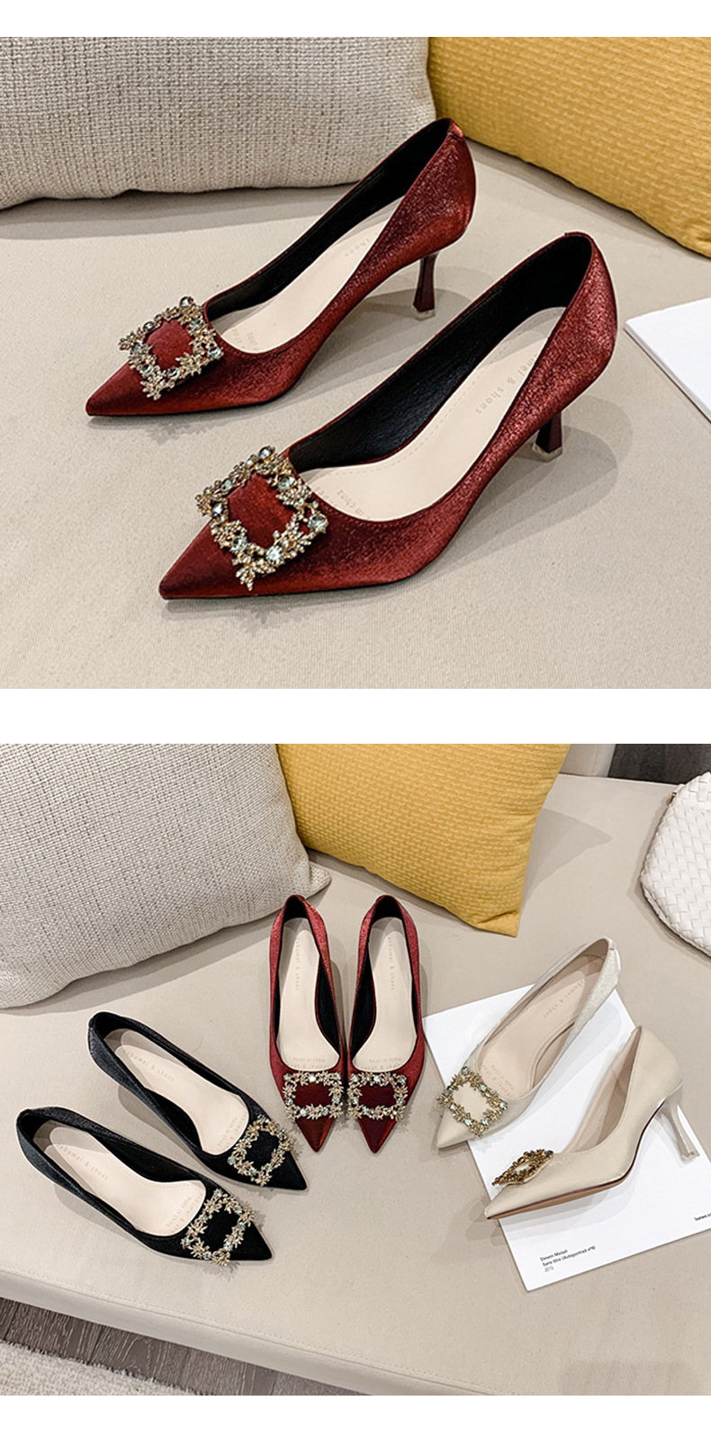 Giày cao gót satin mũi nhọn đính khóa vuông rhinestone dự tiệc cưới — Burgundy 5.5CM (Màu đỏ Burgundy, cao 5.5CM) chi tiết 9