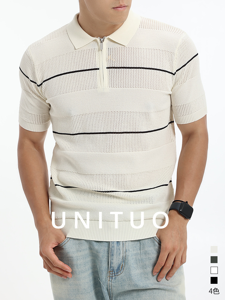 Cross-border hombre hielo de punto camisa de polo de manga corta lujo ligero negocio casual con collar rayas agujeradas camisa de polo hombre
