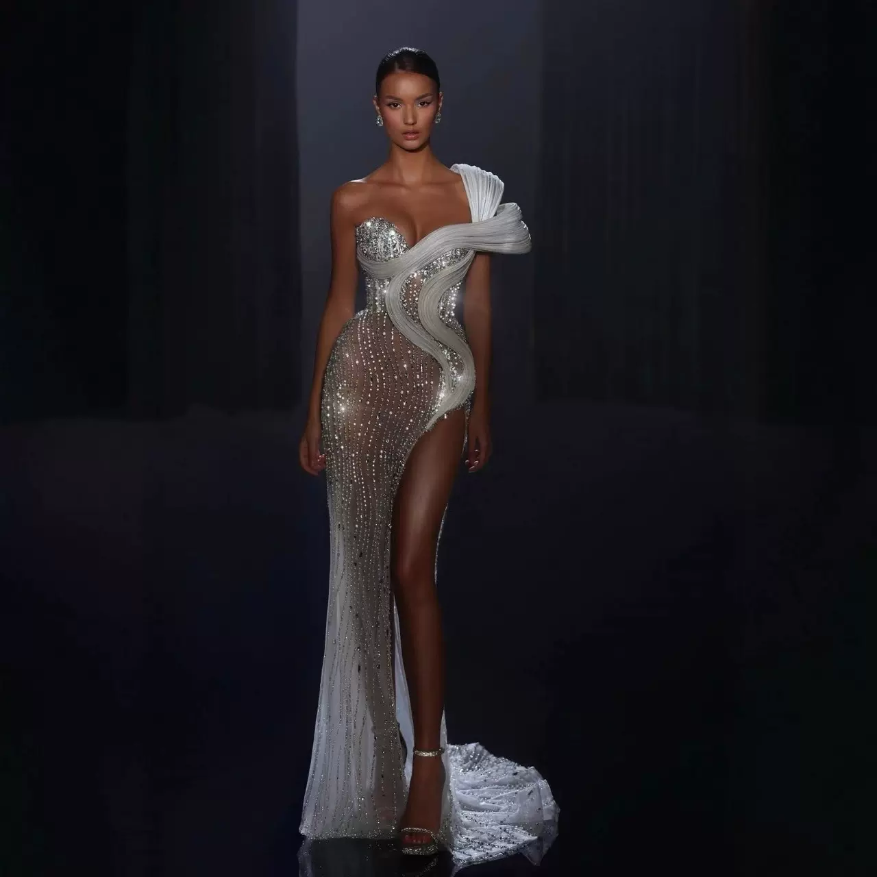 外贸跨境独立站不规则重工钉钻修身开叉包臀宴会聚会晚礼服连衣裙