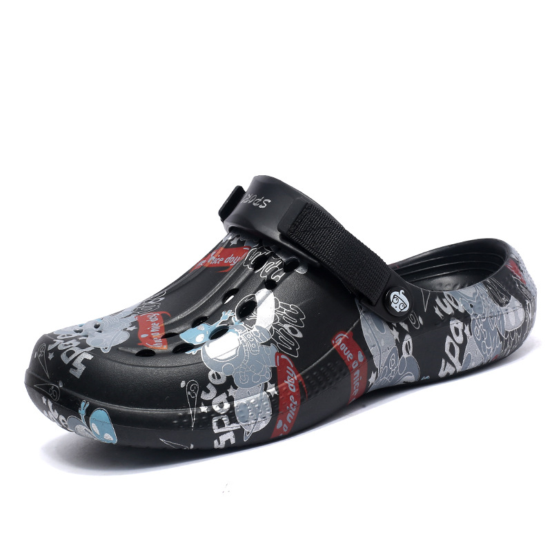 Verano nuevo estilo zapatos con agujeros sandalias hombre transfronterizo talla grande un zapato dos uso graffiti suela gruesa pisando mierda zapatos de playa vadear
