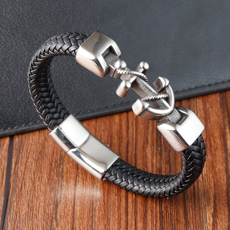 48g Weight Bracelets Classification 316L Stainless Steel Chain Material Retro 316L Stainless Steel Leather Anchor Men Cord & Leather Bracelets