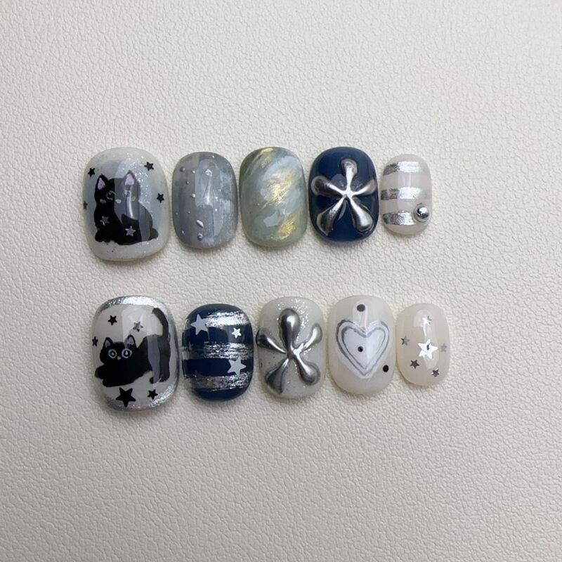 European and American Style Dark Series Starry Sky Black Cat Nail Art Handmade 3D Metal Heart Star Short Fake Nails Wholesale European and American Style Dark Series Starry Sky Black Cat Nail Art Handmade 3D Metal Heart Star Short Fake Nails Wholesale
