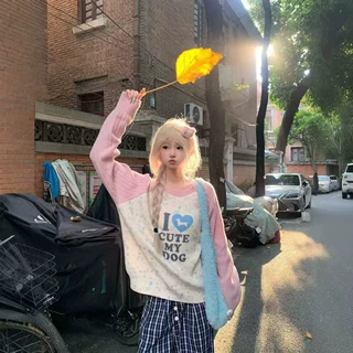 秋冬美式慵懒风爱心小狗拼色长袖针织毛衣男女秋宽松百搭套头毛衫