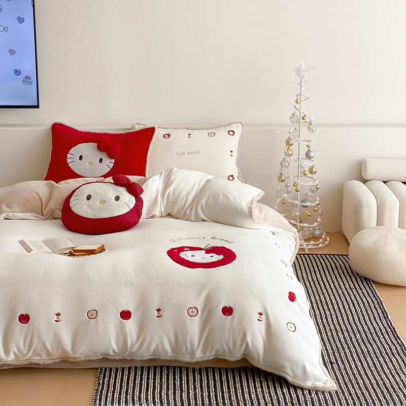 Winter 230g Milk Velvet Apple Cat Embroider Bedding Four-Piece Set Girly Heart Fleece-Lined Warm Quilt Cover Bedding