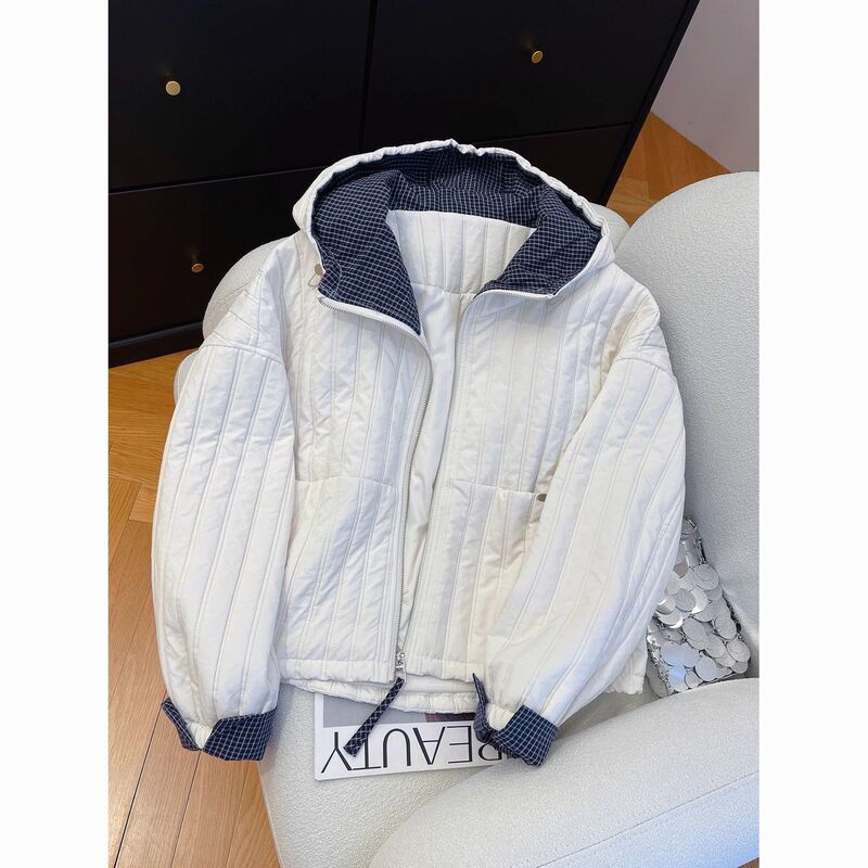 Hooded Short Outwear Plaid Stitching Two-Cotton Outwear Women's Jacket 2025 Autumn and Winter New Style Lightweight Quilted Cotton Outwear