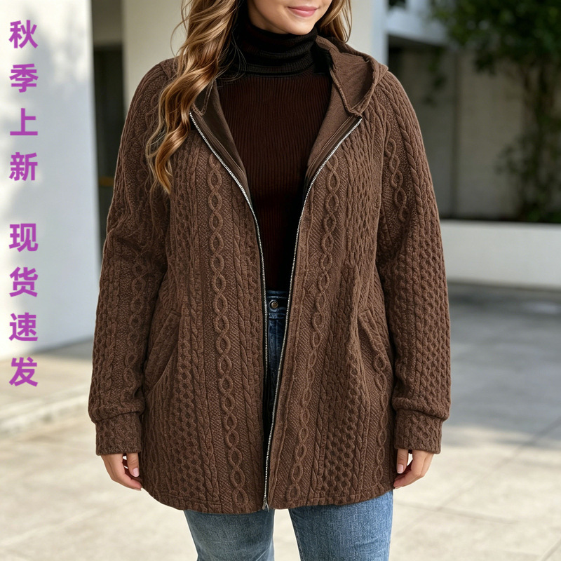 New European and American Style Tiktok Women's Hooded Knit Zip-Up Cardigan Temu Top with Pockets Wholesale Supply