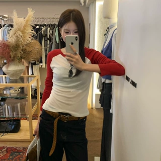【广州人棉260克】简约设计感撞色长袖T恤女秋季百搭修身显瘦打底