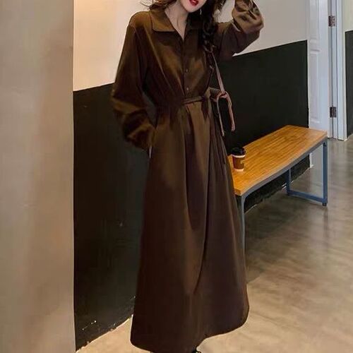 Coffee color shirt dress, women's morning and autumn new style French temperament retro Hepburn style long dress, waist skirt
