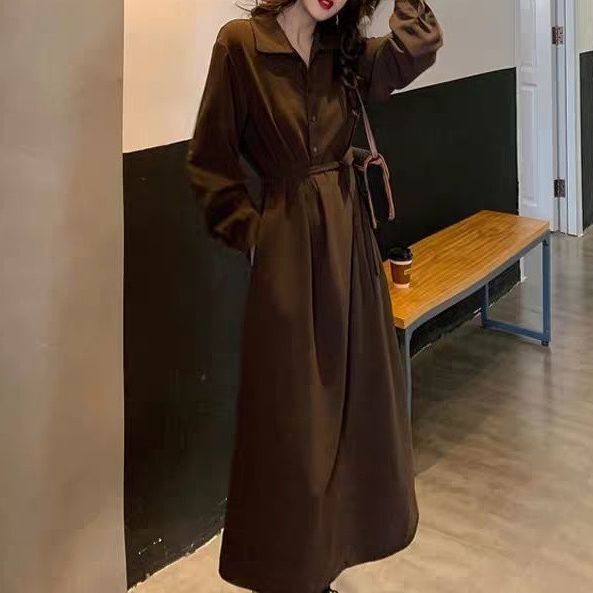 brown Shirt dress Women's 2025 Early Autumn New French Style Elegant Retro Hepburn Style Long Dress Waisted Skirt brown Shirt dress Women's 2025 Early Autumn New French Style Elegant Retro Hepburn Style Long Dress Waisted Skirt