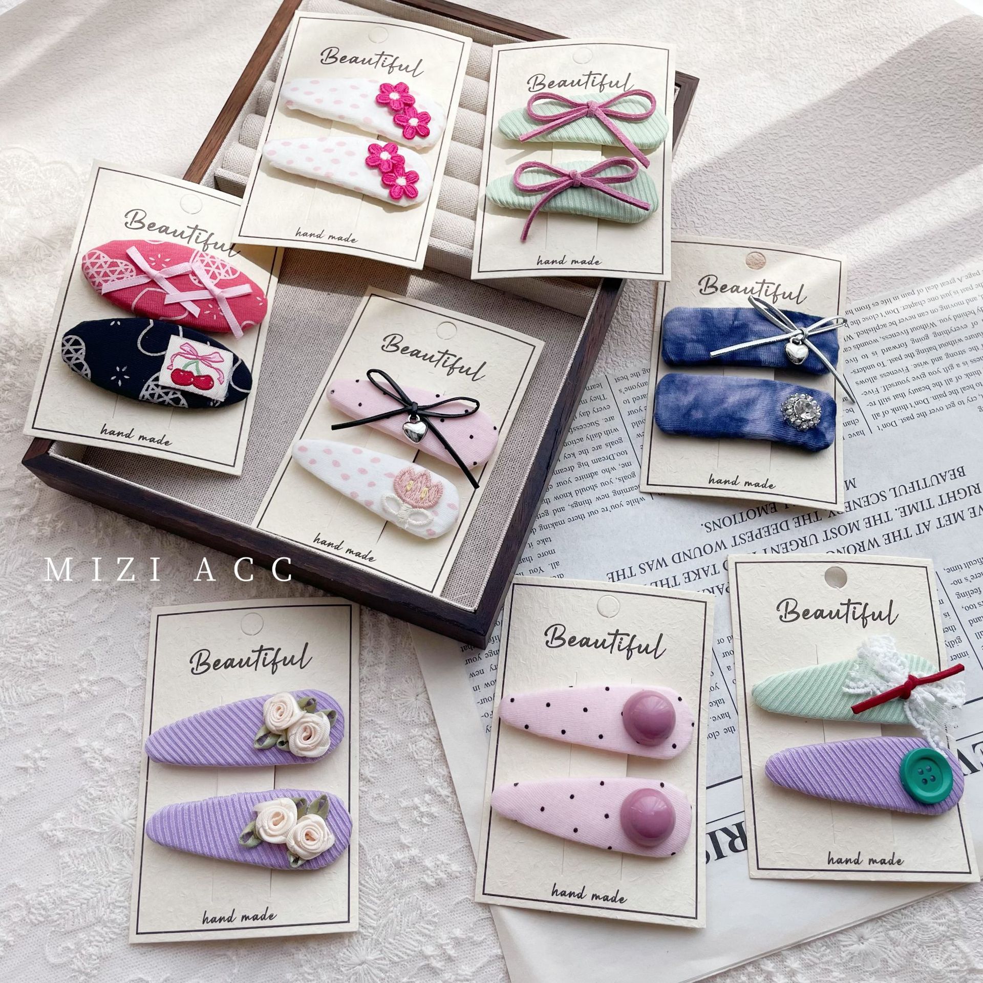 韩系椭圆碎花儿童发夹刺绣波点蝴蝶结宝宝发卡布艺女孩刘海BB夹