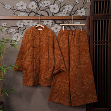 冬季新款  新中式棉麻刺绣复古盘扣棉服上衣搭宽松阔腿裙裤360002