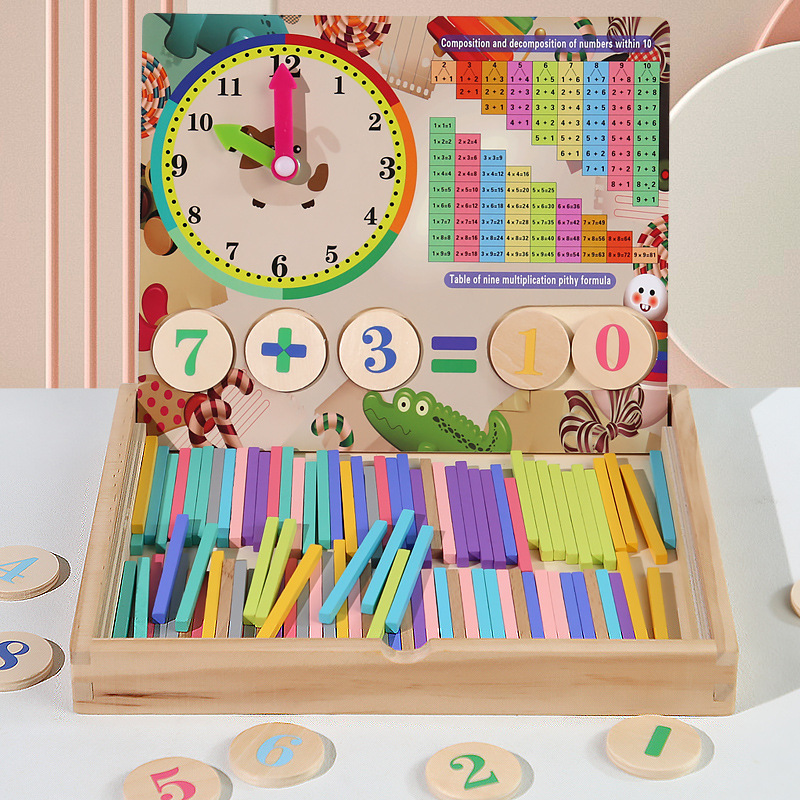 Caja de aritmética multifuncional de madera para niños diversión educativa apilada reloj alto aritmética matemática material didáctico cognitivo digital