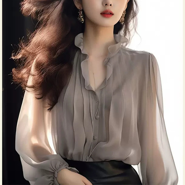 Early Autumn Unique Chic Lotus Leaf Collar Beautiful Shirt Women's Mogo Fish Yuan Chuang French Lantern Sleeve Solid Color Chiffon Shirt