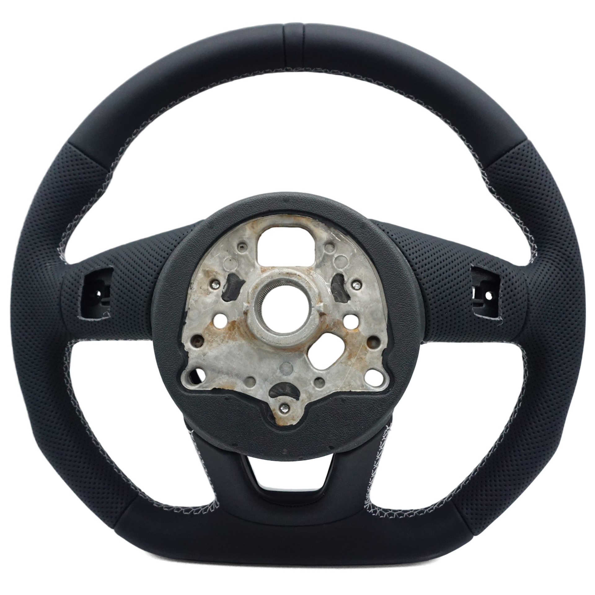 Suitable for Audi A4B9 S Standard Semi-Perforated White Line Black Leather Steering Wheel with Standard Logo, Sport Flat-Bottomed Steering Wheel