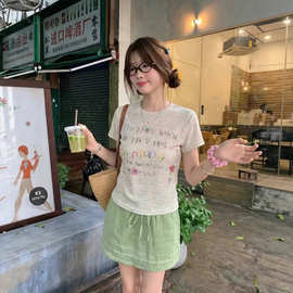 【广州150克彩虹麻】薄款透气趣味涂鸦彩纱上衣女夏修身印花短袖t