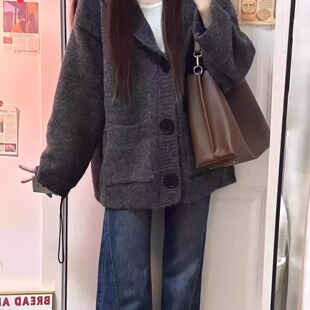 Korean Style Chic Grey Hooded Sweater Coat Cardigan Women's Autumn and Winter Thick Loose Slimming Lazy Style Sweater Top