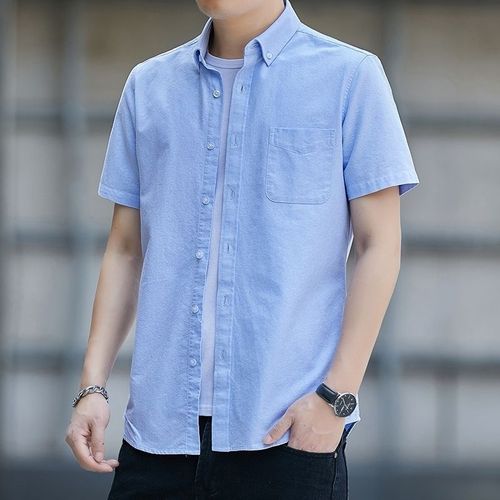 Summer and Autumn Men's Oxford Cloth Short-Sleeve Solid Color Collared Shirt for Youth Business Casual Wear, Slim Fit Fashionable Matchable Top
