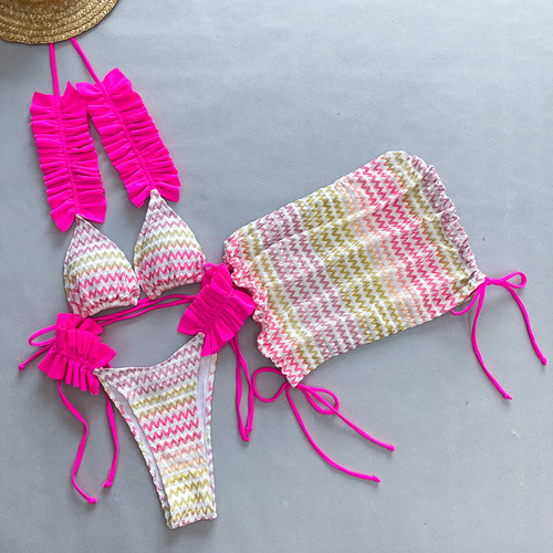 Three-piece set 2024 new bikini European and American bikini cross-border foreign trade pleated edge split women's swimsuit swimsuit