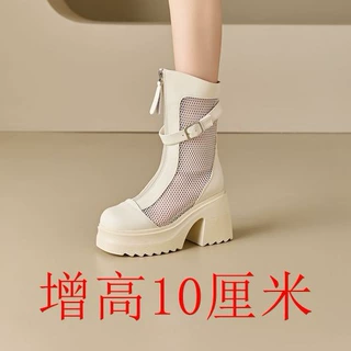 增高小个子公主鞋10厘米松糕粗跟厚底凉透气女网纱镂空女靴马丁靴