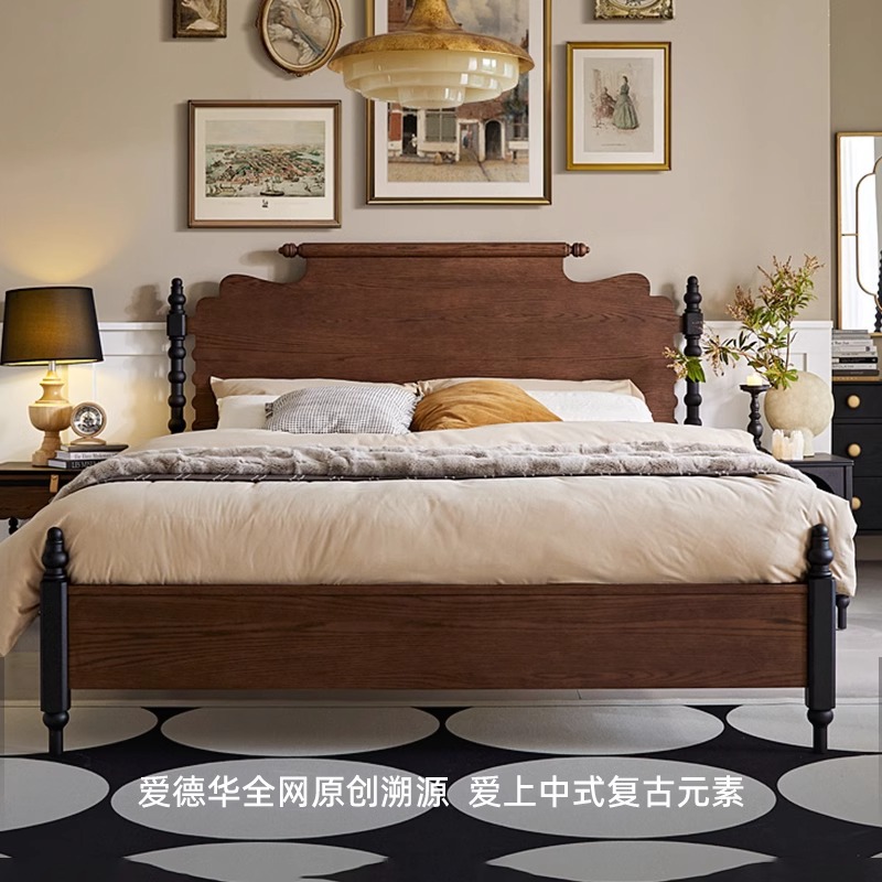 Cama de madera maciza estilo medieval Cama Retro francesa Cama Edwardian Cama medieval Americana Doble Dormitorio de madera maciza Muebles de madera de cera