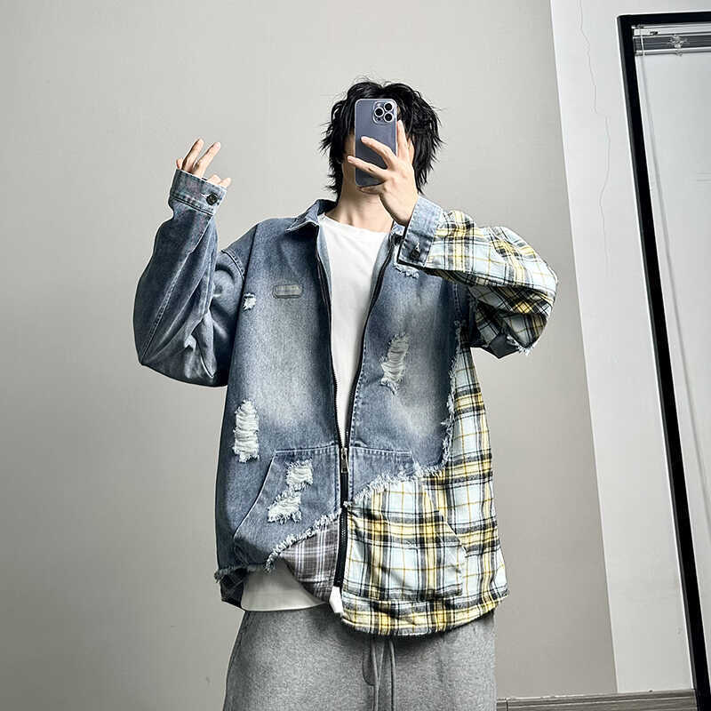 Other Denim Jacket Irregular Plaid Fake Two-Piece Distressed Blue Yellow