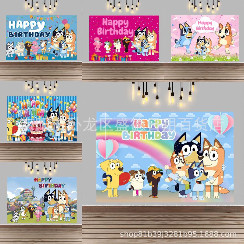 Cross-border Blue Dog birthday party photo background banner children happy birthday photo background cloth factory direct sales
