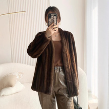 标貂v领简约貂皮大衣貂皮鹅绒中长整大衣水貂天鹅皮大衣抽皮草进