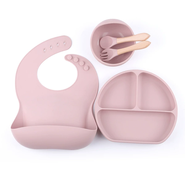 Fuchsia set, bib, dinner plate, fork, spoon, 5 pieces