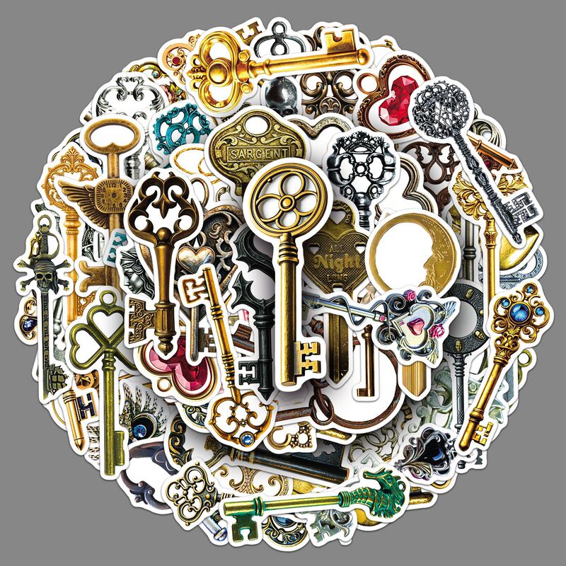 50 pieces of antique key stickers, nostalgic and vintage style, realistic design, waterproof, for DIY decoration of suitcases, wholesale